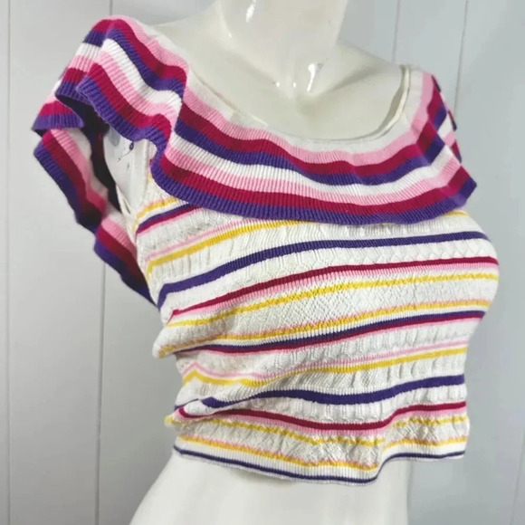 NWT Emily Wonder Sz S Women Multicolor Striped Cropped Top Shirt Open Shoulder - Picture 3 of 7